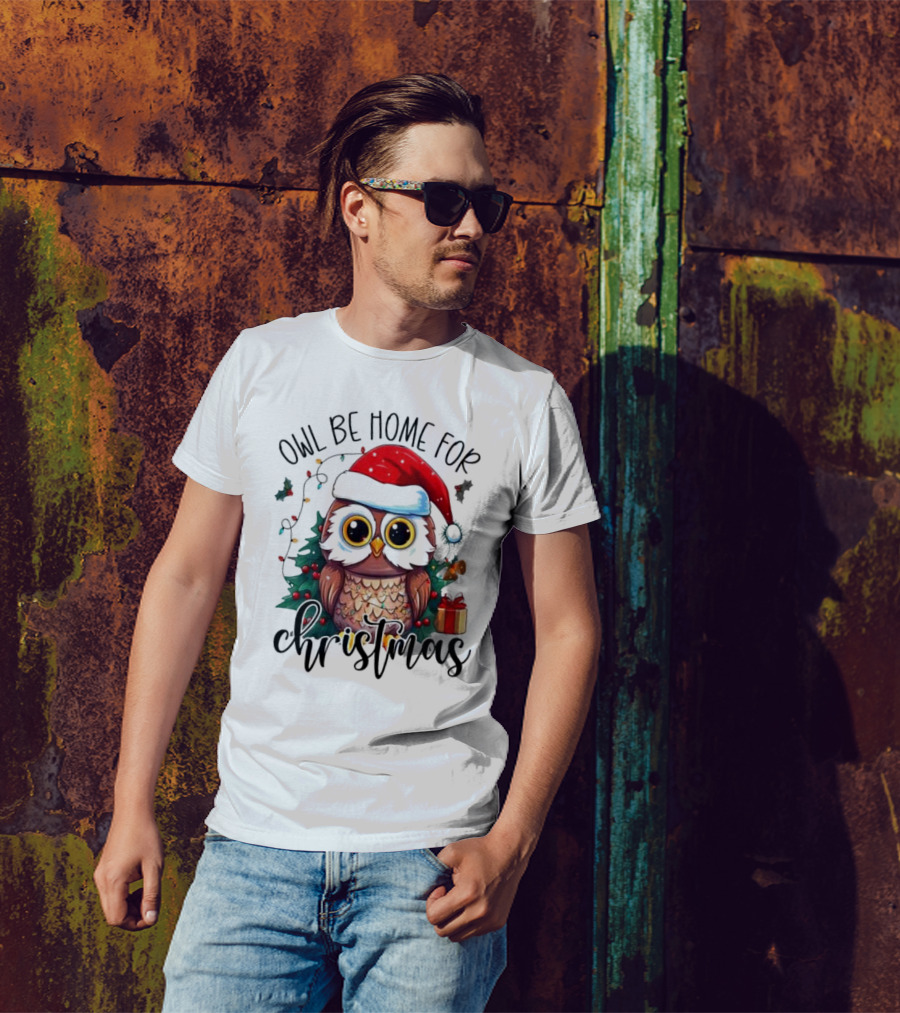 Owl Be Home For Christmas Santa Hat Owl Festive Lights Gift Box T-Shirt
