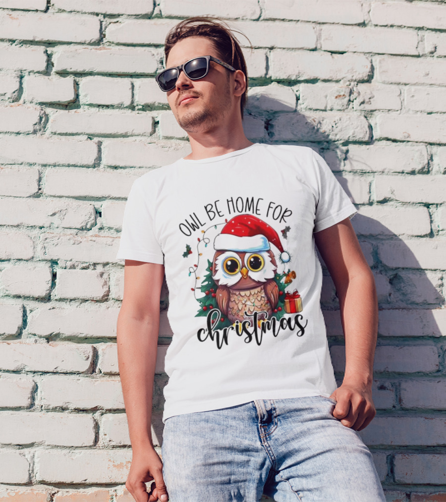 Owl Be Home For Christmas Santa Hat Owl Festive Lights Gift Box T-Shirt