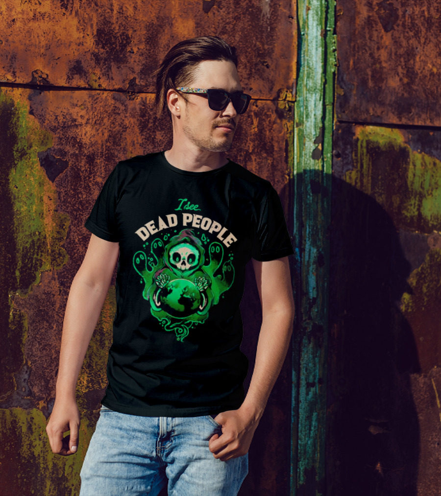 I See Dead People Grim Reaper Holding Earth With Ghosts T-Shirt