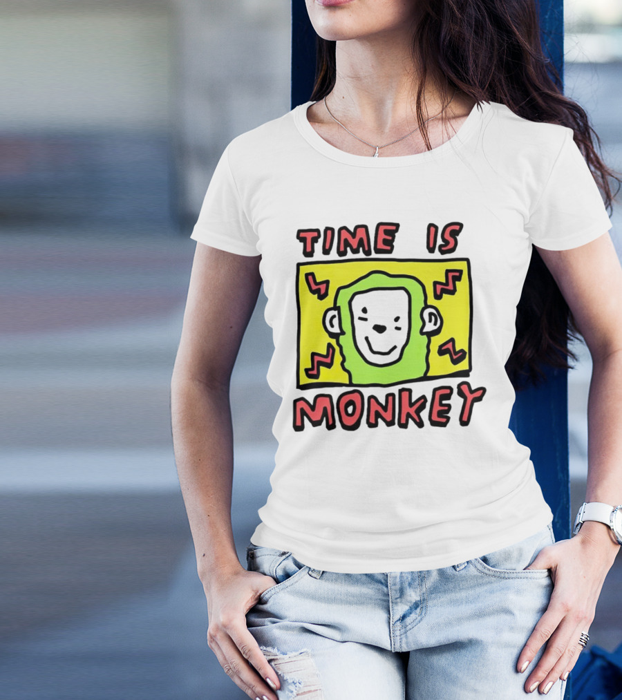 Time Is Monkey Green Highlighted Cartoon Face With Zigzag Lines T-Shirt