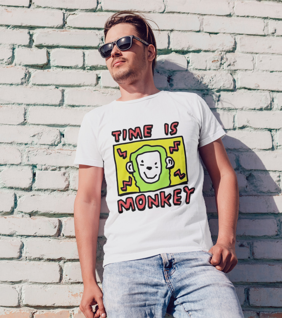 Time Is Monkey Green Highlighted Cartoon Face With Zigzag Lines T-Shirt