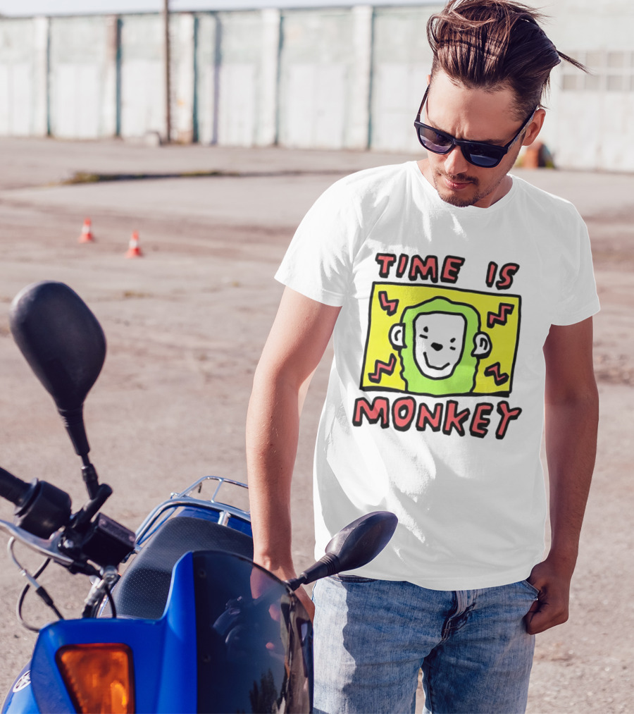 Time Is Monkey Green Highlighted Cartoon Face With Zigzag Lines T-Shirt