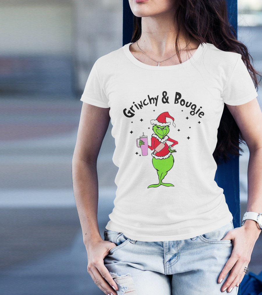 Grinchy And Bougie Santa With Pink Tumbler T-Shirt