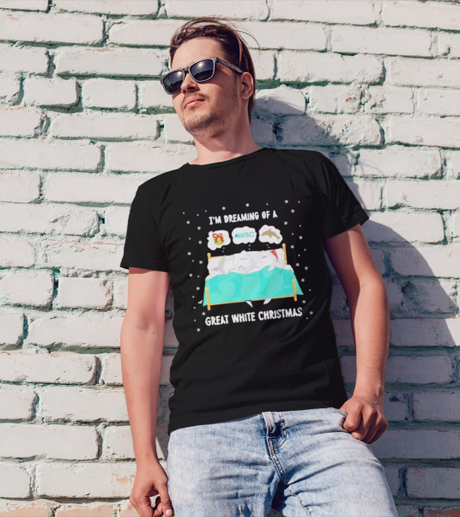 I'm Dreaming Of A Great White Christmas AWSC Shark In Bed With Snowflakes T-Shirt