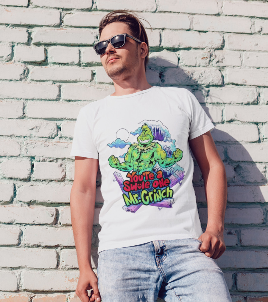 You’re A Swole One Mr Grinch Fitness Muskula Green Character With Frosted Mountain Background T-Shirt