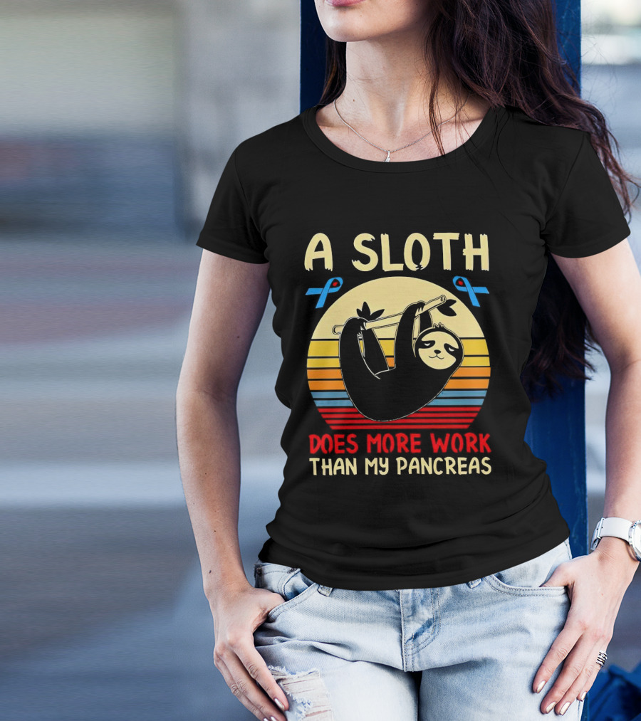 A Sloth Does More Work Than My Pancreas Vintage Style With Blue Diabetes Awareness Ribbons T-Shirt