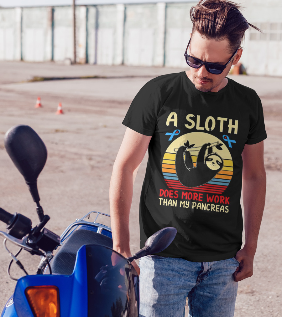 A Sloth Does More Work Than My Pancreas Vintage Style With Blue Diabetes Awareness Ribbons T-Shirt