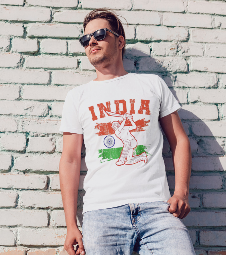 India Cricket Enthusiasts Batting Action With Ashoka Chakra T-Shirt