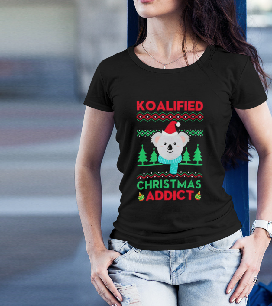 Koalified Koala Christmas Addict Ugly Sweater Style Design With Santa Hat And Christmas Trees T-Shirt