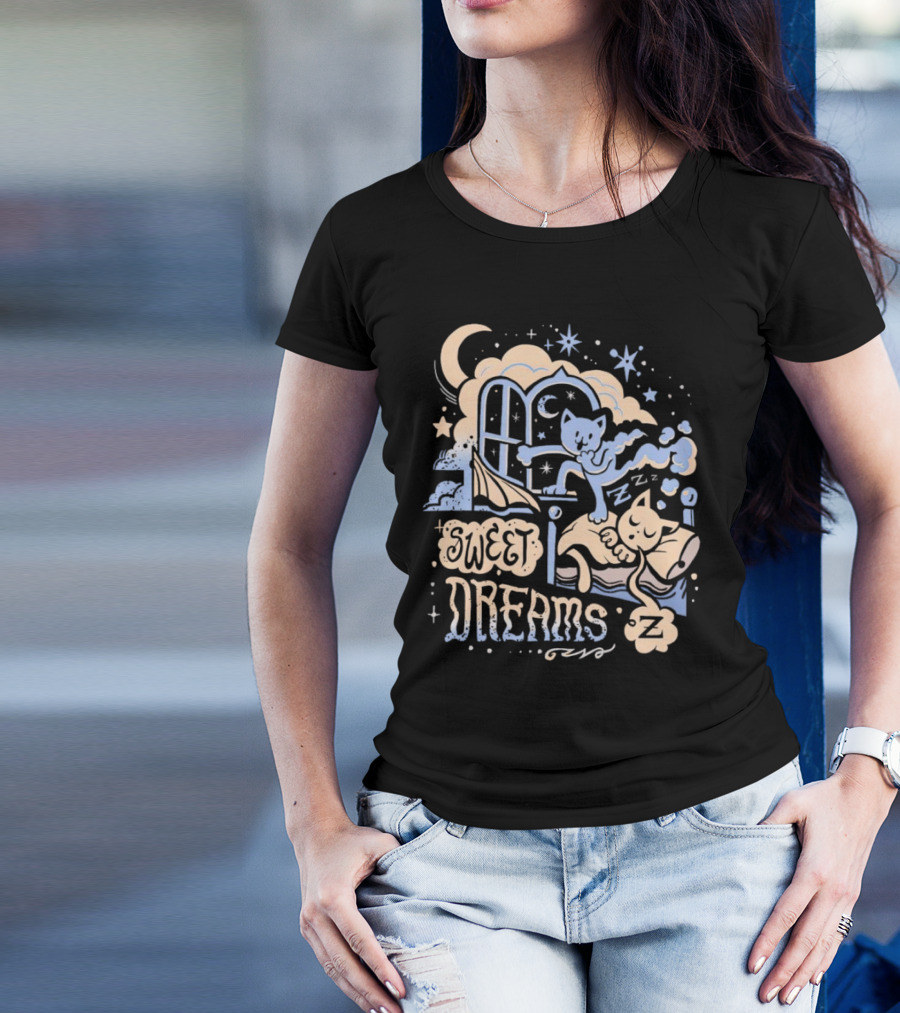 Sweet Dreams Dreaming Cat Under Moon And Stars T-Shirt