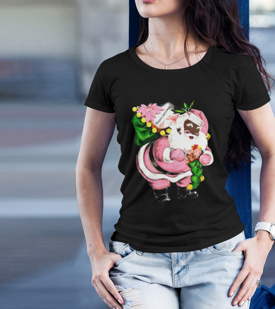 Merry Christmas Pink African-American Black Santa Claus With Gifts T-Shirt