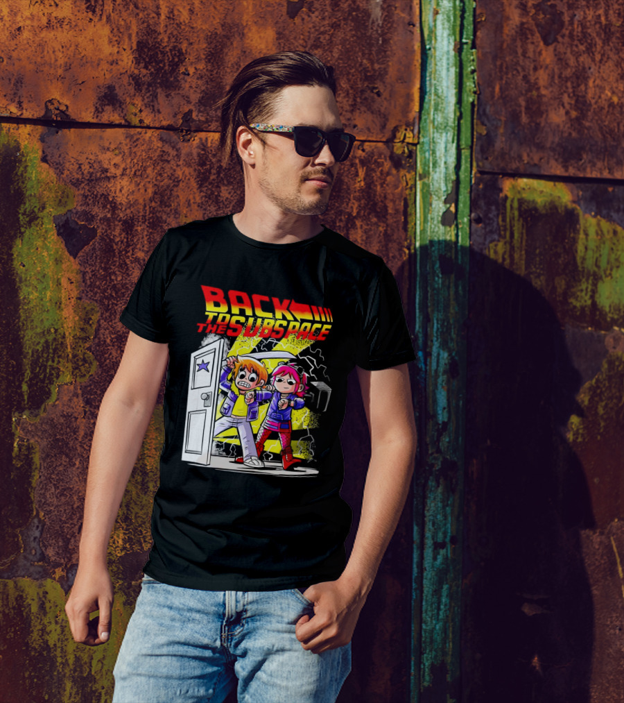 Back To The Subspace Scott Pilgrim And Ramona With Retro Door And Lightning T-Shirt