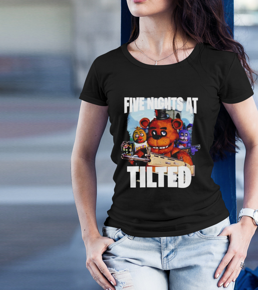 Five Nights At Tilted Freddy Bear Characters With Guns T-Shirt