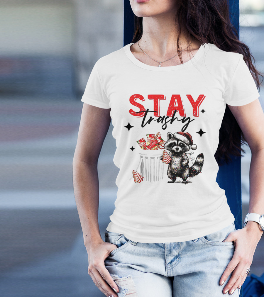 Stay Trashy Christmas Raccoon Santa Hat Trash Can Holiday Cheer T-Shirt