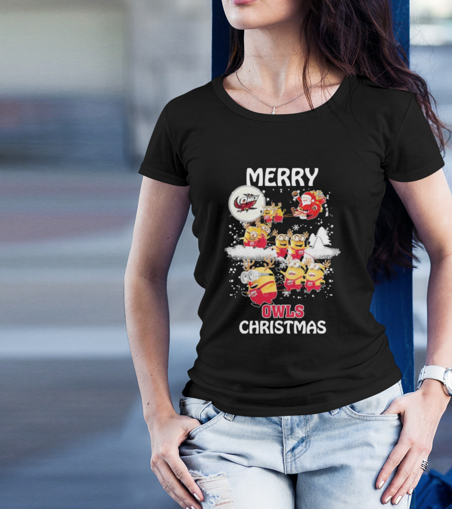 Minions Merry Temple Owls Christmas Santa Snow Scene T-Shirt