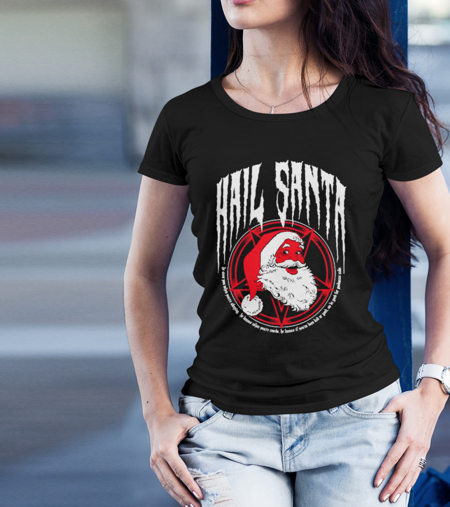 Hail Santa Evil Christmas Pentagram Santa Hat T-Shirt