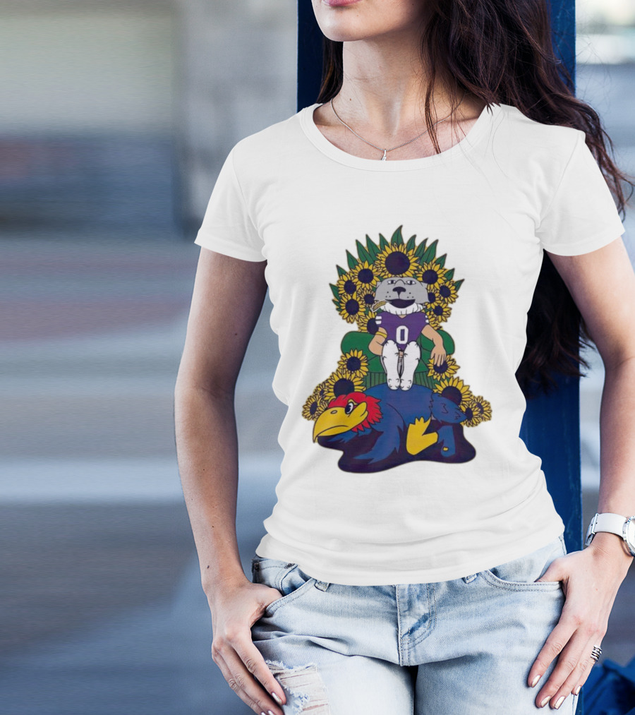Kansas State Wildcats Mascot Sunflowers Throne With Kansas Jayhawks T-Shirt