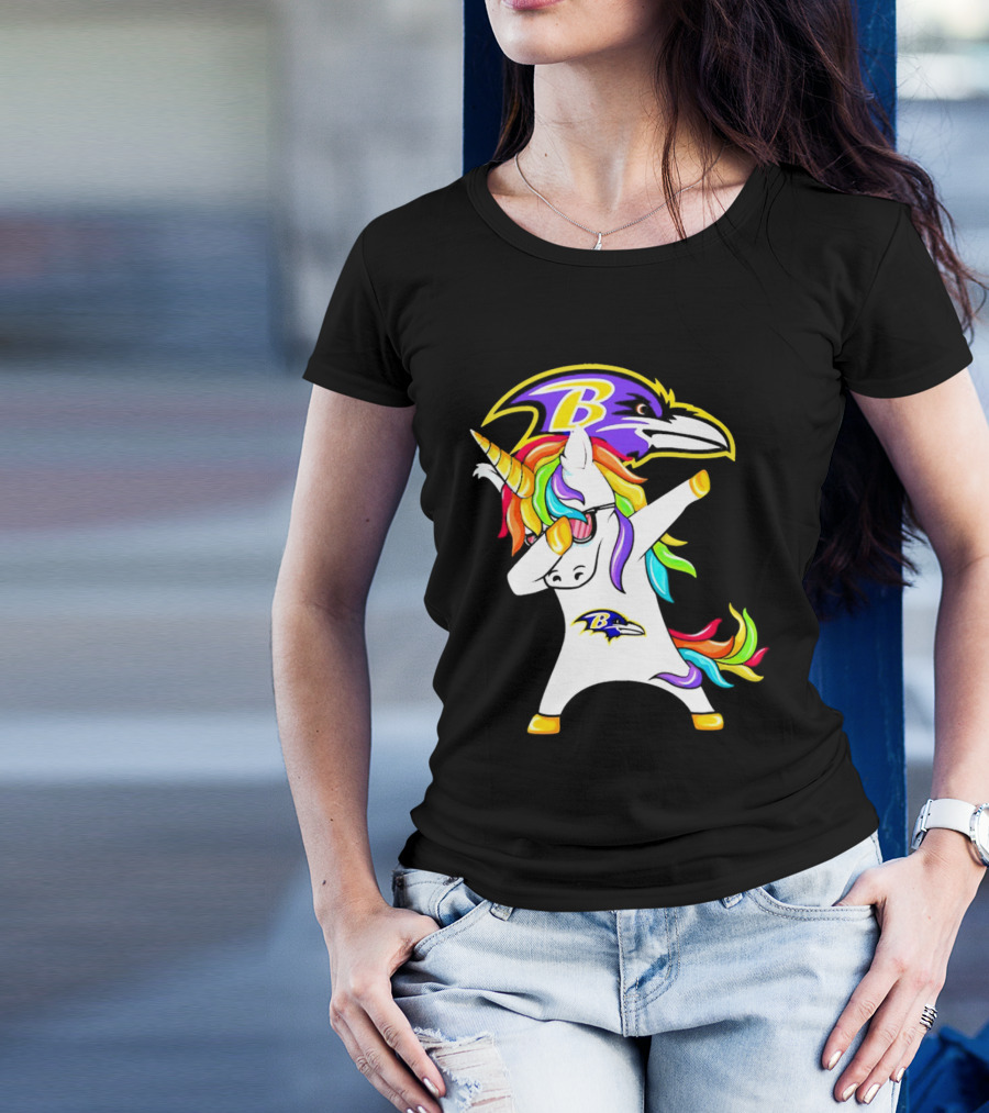 Unicorn Dabbing With Baltimore Ravens Logo And Rainbow Mane T-Shirt