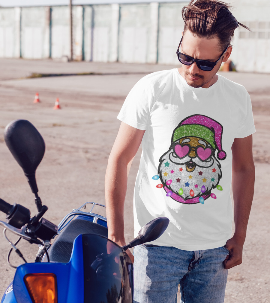 Glittery Pink Santa Claus With Heart Sunglasses And Colorful Stars And Holiday Lights T-Shirt