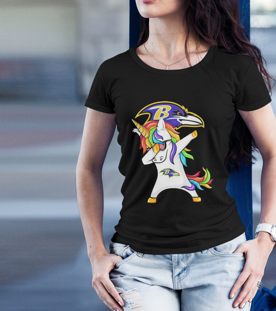 Unicorn Dabbing Baltimore Ravens Emblem Rainbow Colors T-Shirt