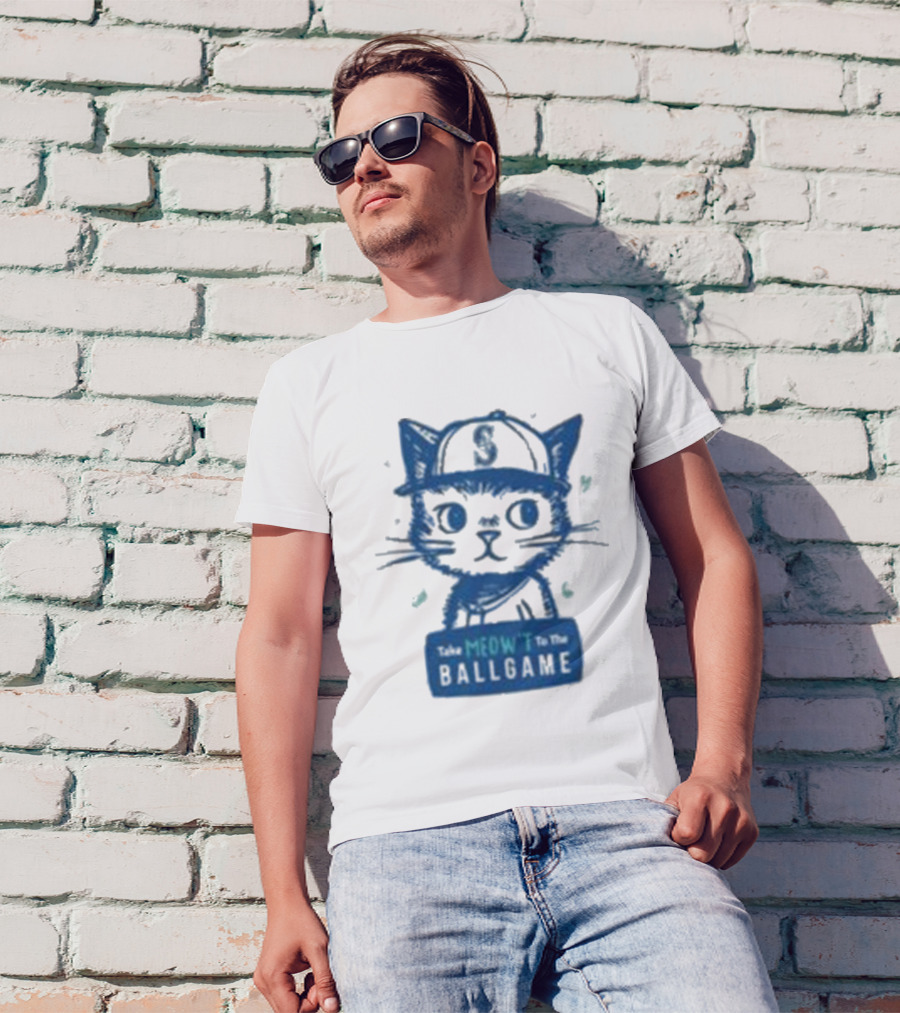 Mariners Take Meow’t To The Ballgame Cat In Baseball Cap T-Shirt