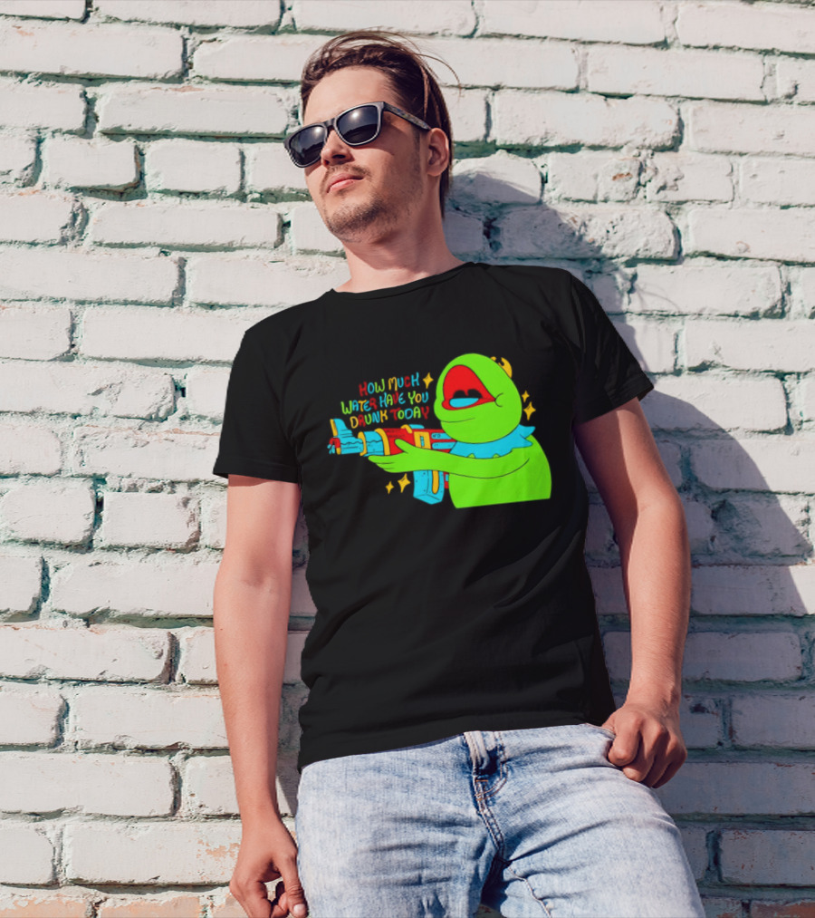 Kermit How Much Water Have You Drunk Today Gun Drawing T-Shirt