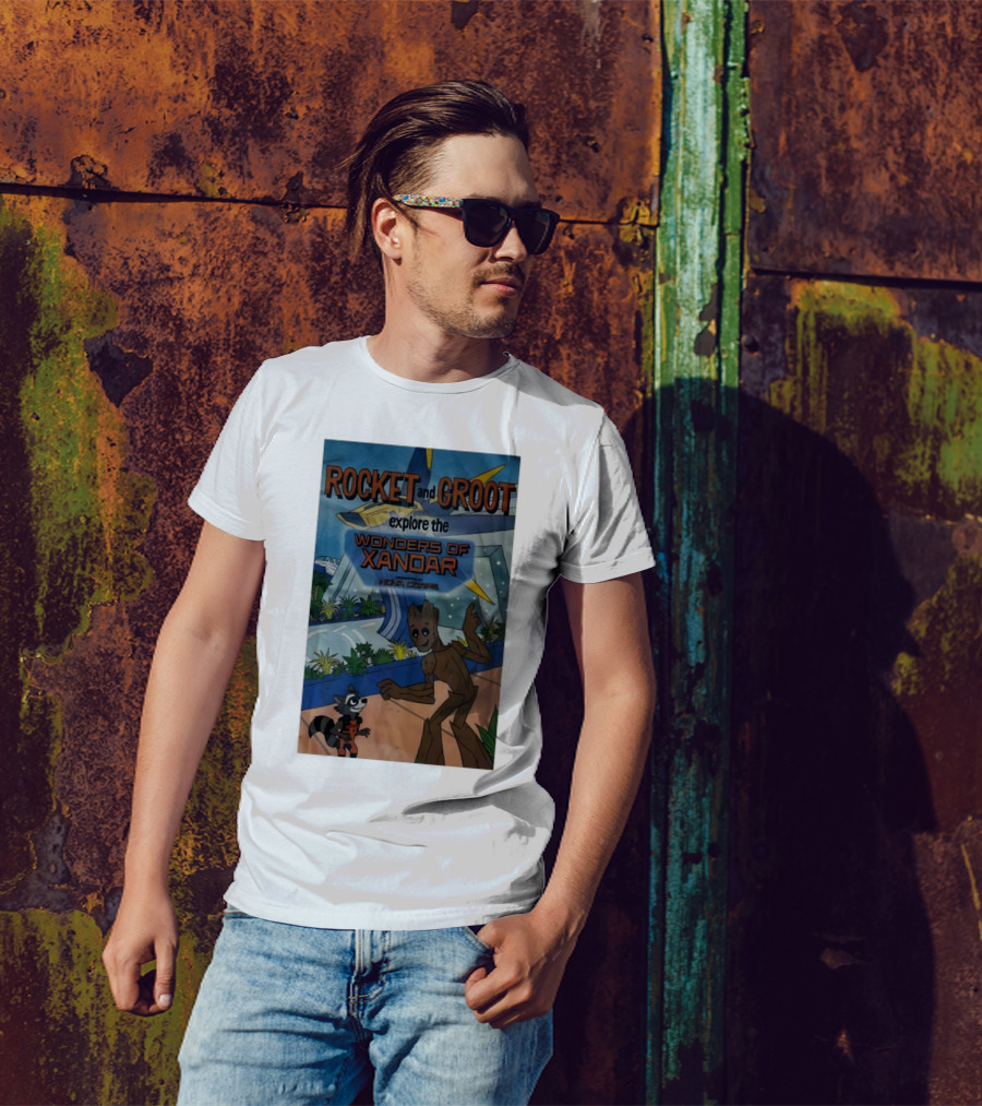 Rocket And Groot Explore The Wonders Of Xandar Featuring The Nova Corps T-Shirt