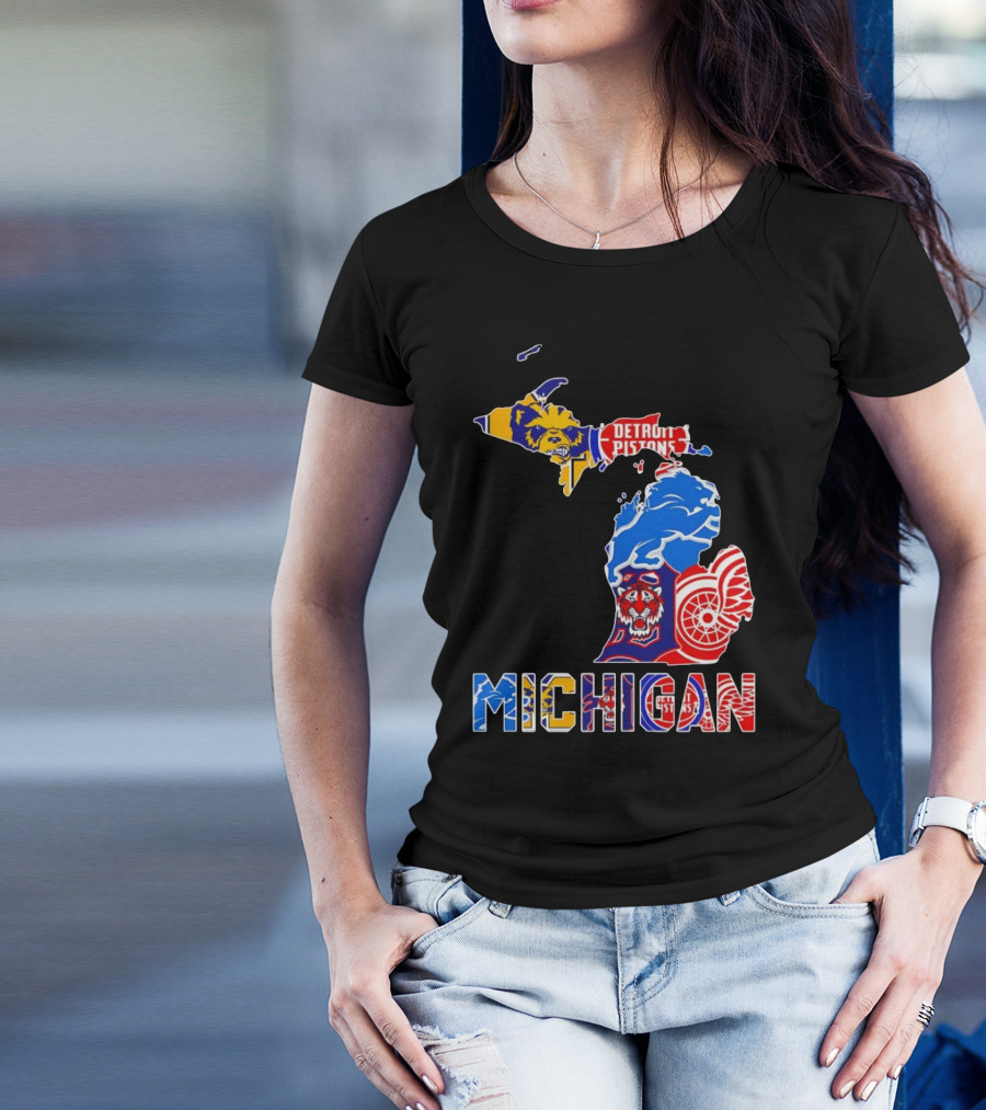 Michigan Sports Teams Logos Map Detroit Pistons Lions Tigers Red Wings T-Shirt