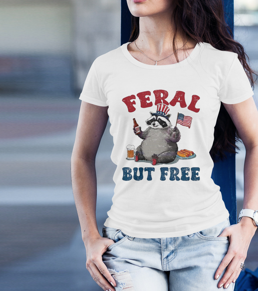 Feral But Free Raccoon Holding USA Flag On 4th Of July T-Shirt