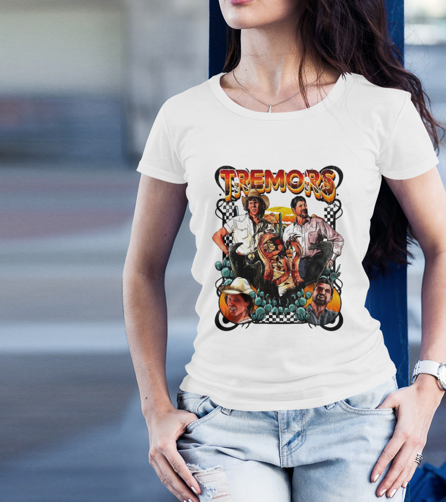 Tremors Movie Characters Graphic Poster With Monsters And Cowboy Hats T-Shirt