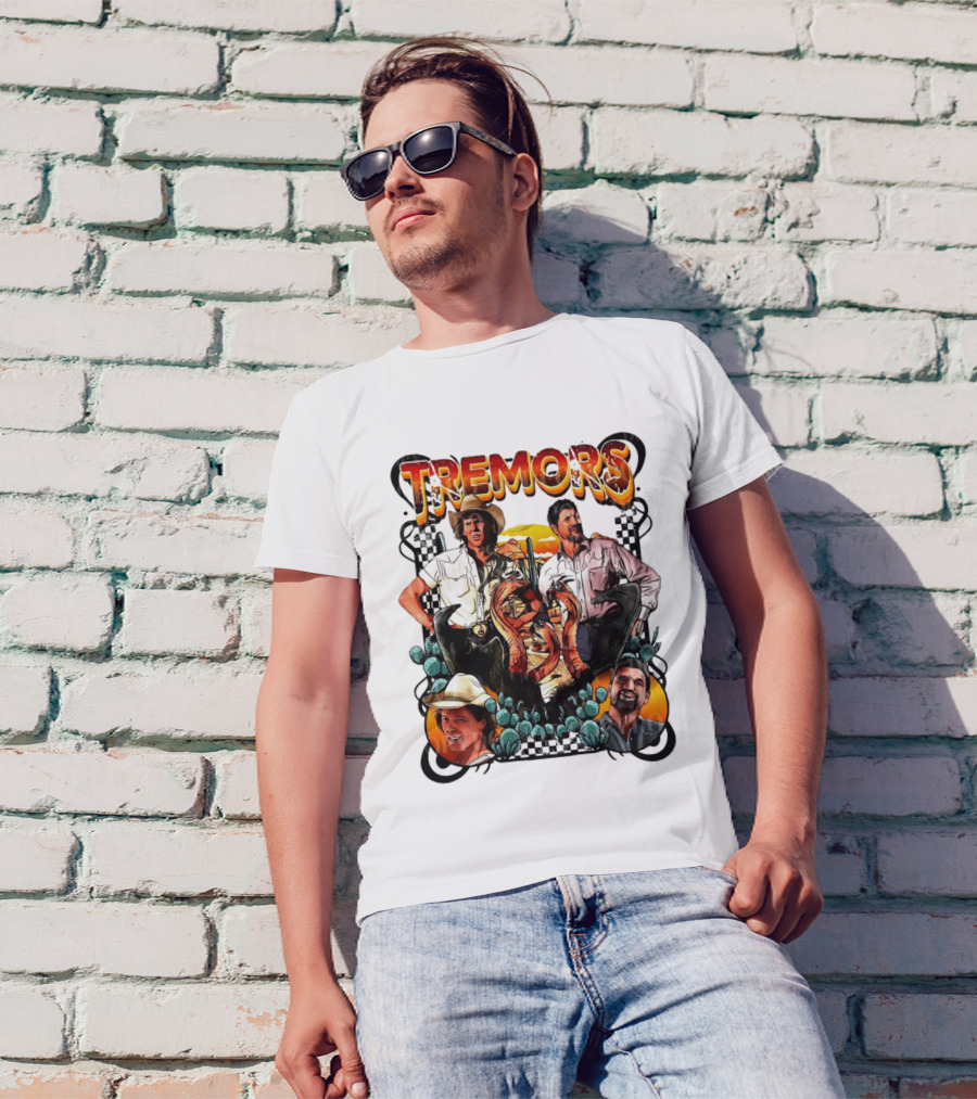 Tremors Movie Characters Graphic Poster With Monsters And Cowboy Hats T-Shirt