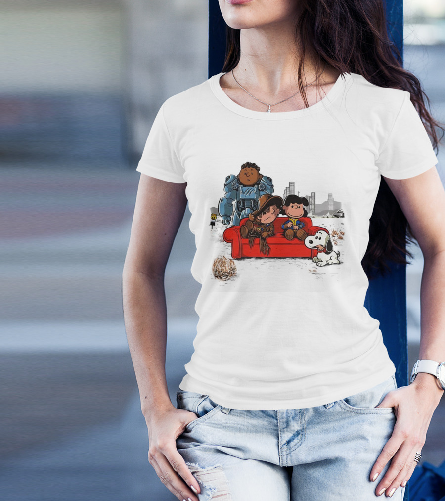 Peanuts Characters On Red Couch With Fallout Power Armor In Apocalypse Scene T-Shirt