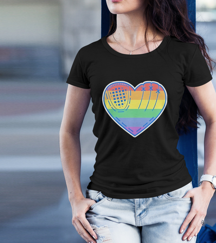 Pride Rainbow Striped Baseball Glove Heart T-Shirt
