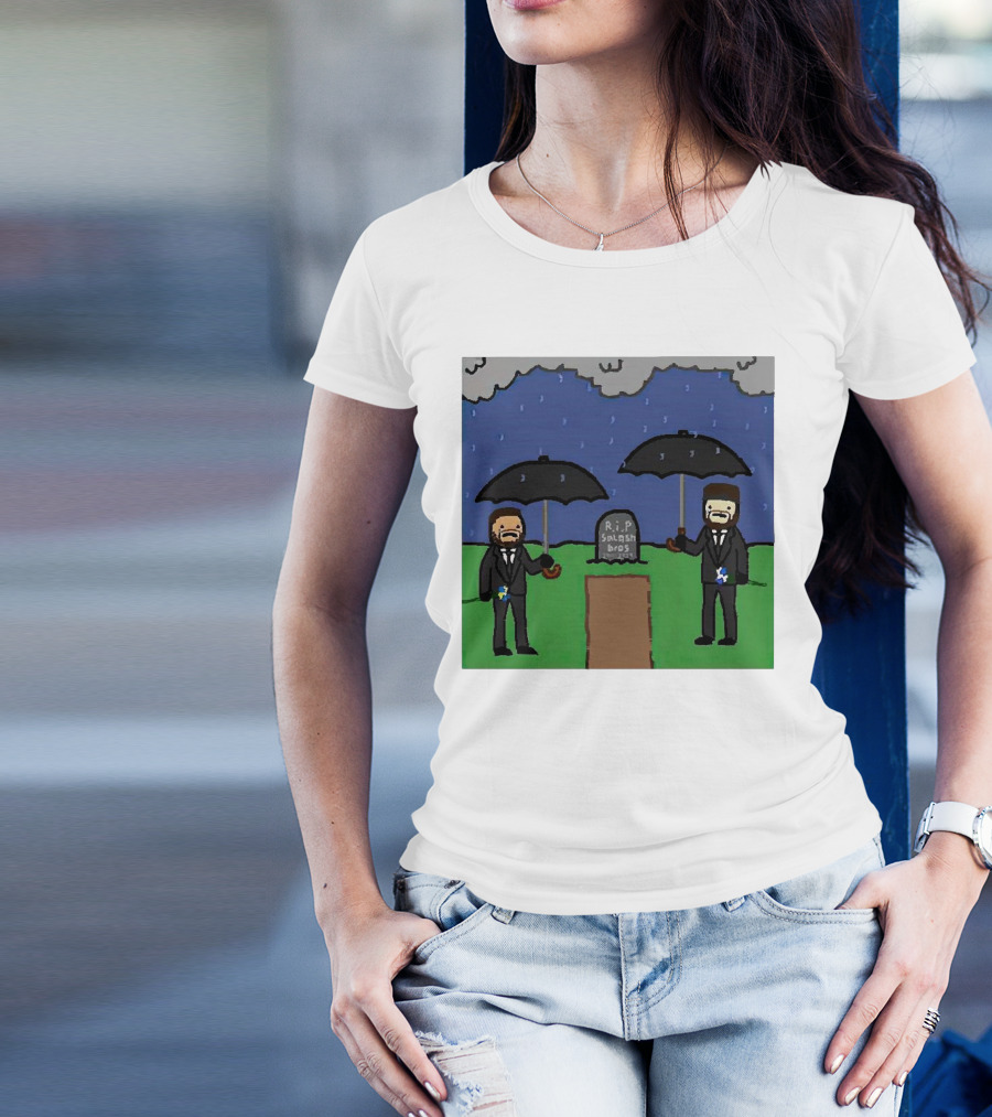 RIP SplashBros Cartoon Memorial With Suited Figures Holding Black Umbrellas T-Shirt