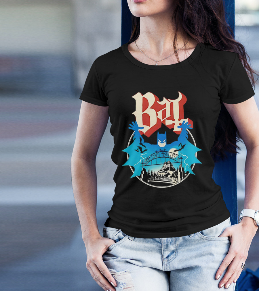Bat Gotham Asylum Blue Bat Symbol And Red Gothic Font T-Shirt
