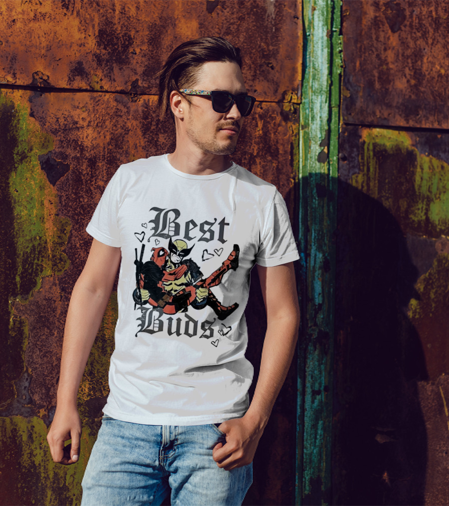 Best Buds Wolverine Carrying Deadpool With Hearts T-Shirt