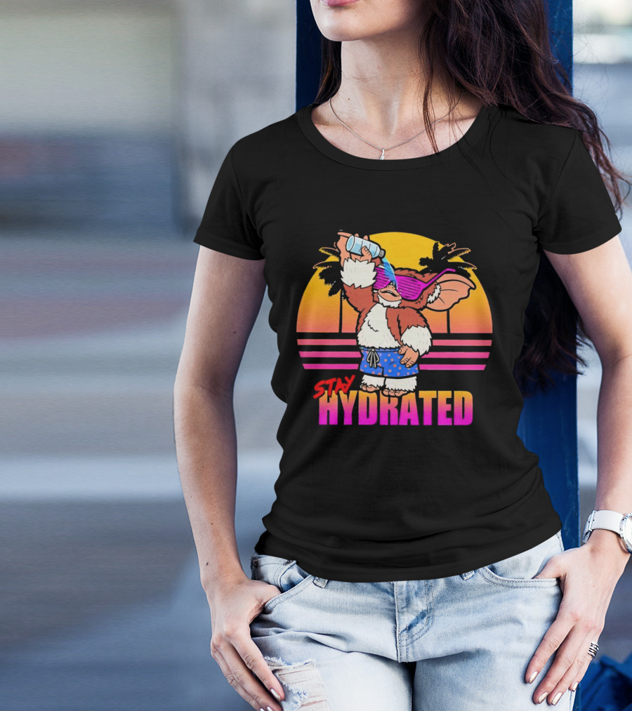 Stay Hydrated Gizmo Summer Beach Vibes With Sunset And Palm Trees T-Shirt