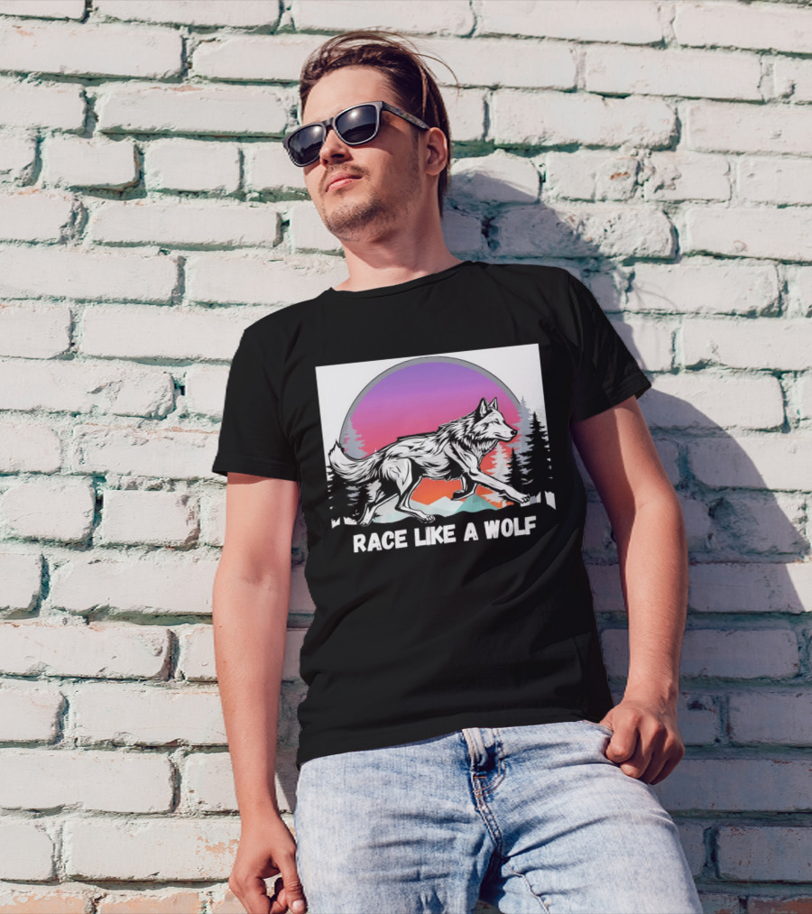 Race Like A Wolf Running Through Forest Silhouette At Sunset T-Shirt