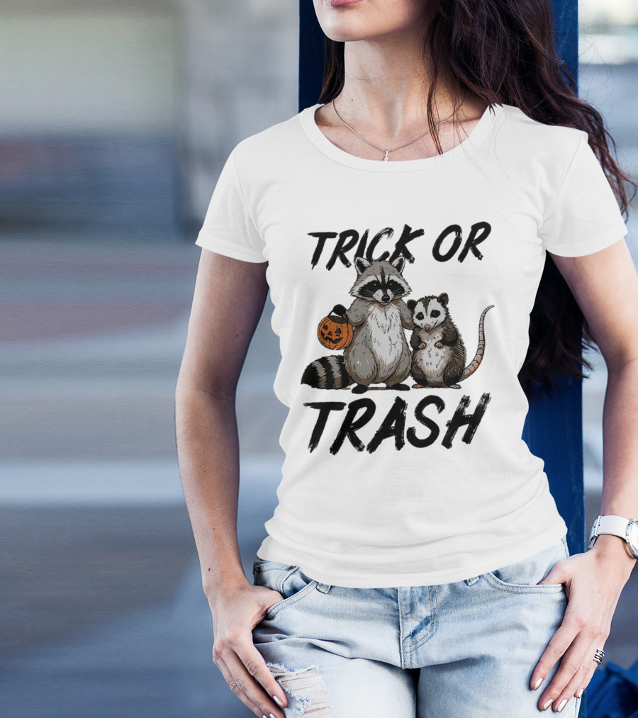 Trick Or Trash Halloween Raccoon With Pumpkin T-Shirt