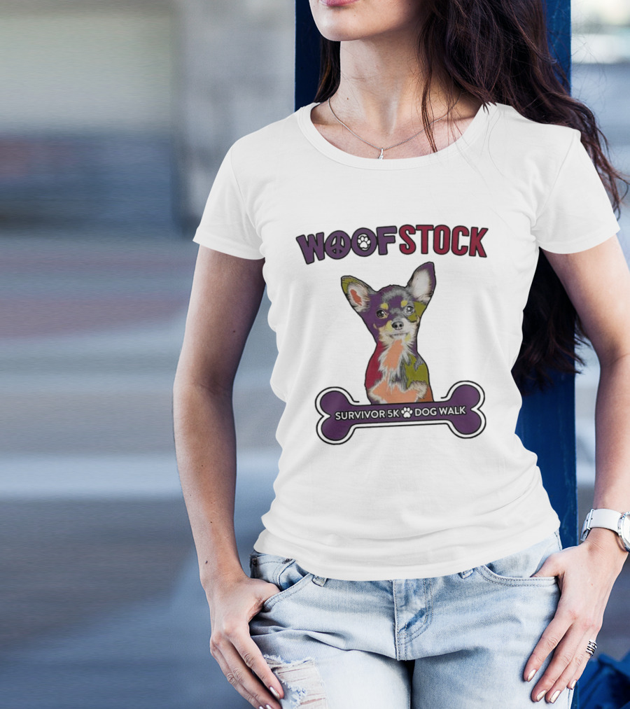 Woof Stock Peace Sign Survivor 5K Dog Walk Colorful Chihuahua Bone T-Shirt