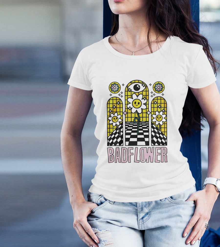 Badflower Eyeball Wall Happy Flowers Stained Glass T-Shirt