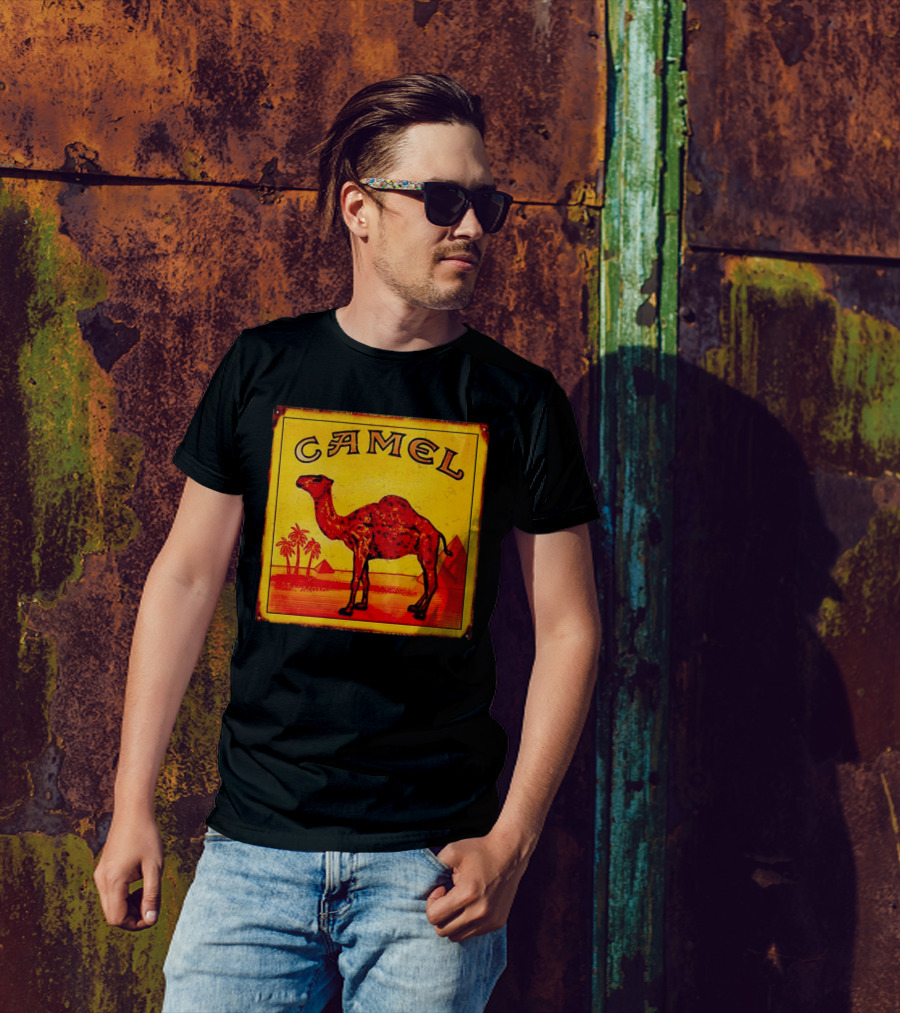 Vintage Camel Cigarettes Logo Yellow Square With Red Camel And Pyramids T-Shirt