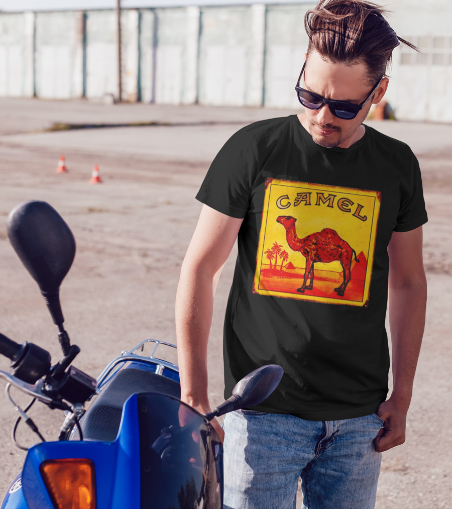 Vintage Camel Cigarettes Logo Yellow Square With Red Camel And Pyramids T-Shirt
