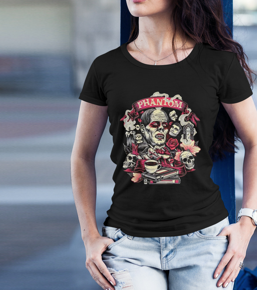 Phantom Of The Opera The Many Faces Of The Phantom With Skulls, Roses, And Coffee Cup T-Shirt