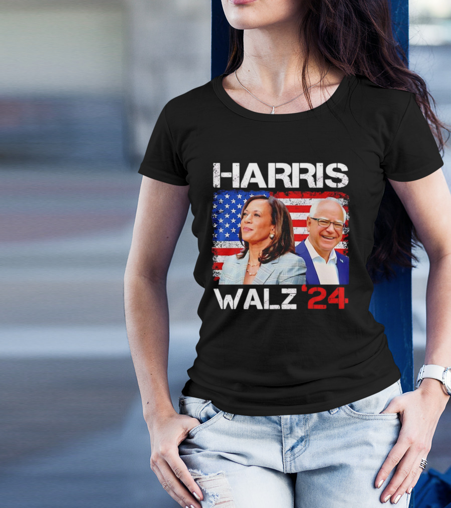 Harris Walz 2024 President Election Kamala Harris Tim Walz American Flag T-Shirt