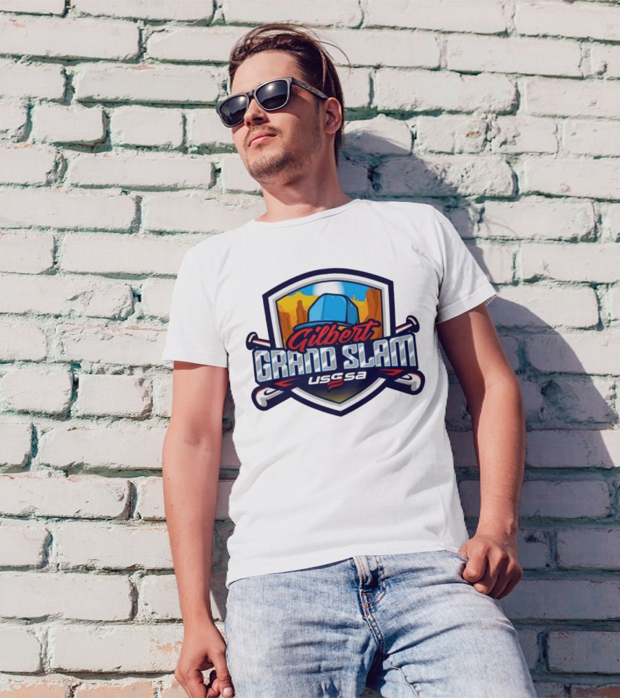 Gilbert Grand Slam USSSA Arizona Baseball 2024 Shield Logo With Baseball Bats And Desert Cactus Background T-Shirt