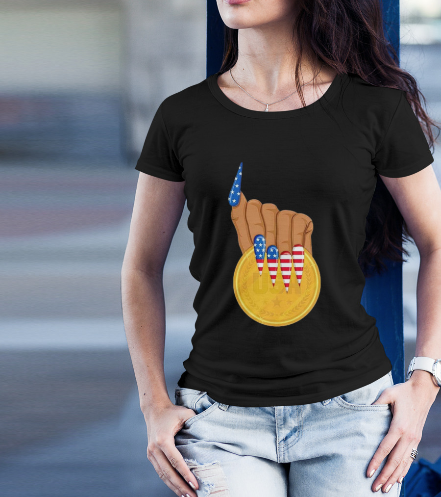 USA Gold Medal Hand With American Flag Nails T-Shirt