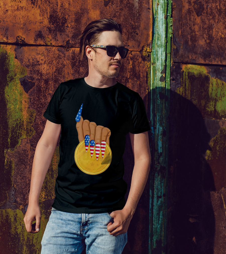 USA Gold Medal Hand With American Flag Nails T-Shirt