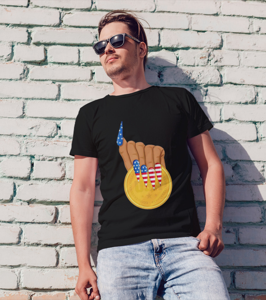 USA Gold Medal Hand With American Flag Nails T-Shirt