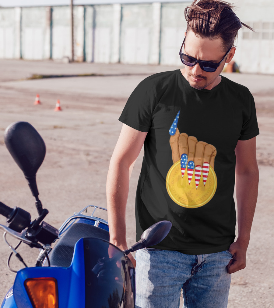 USA Gold Medal Hand With American Flag Nails T-Shirt